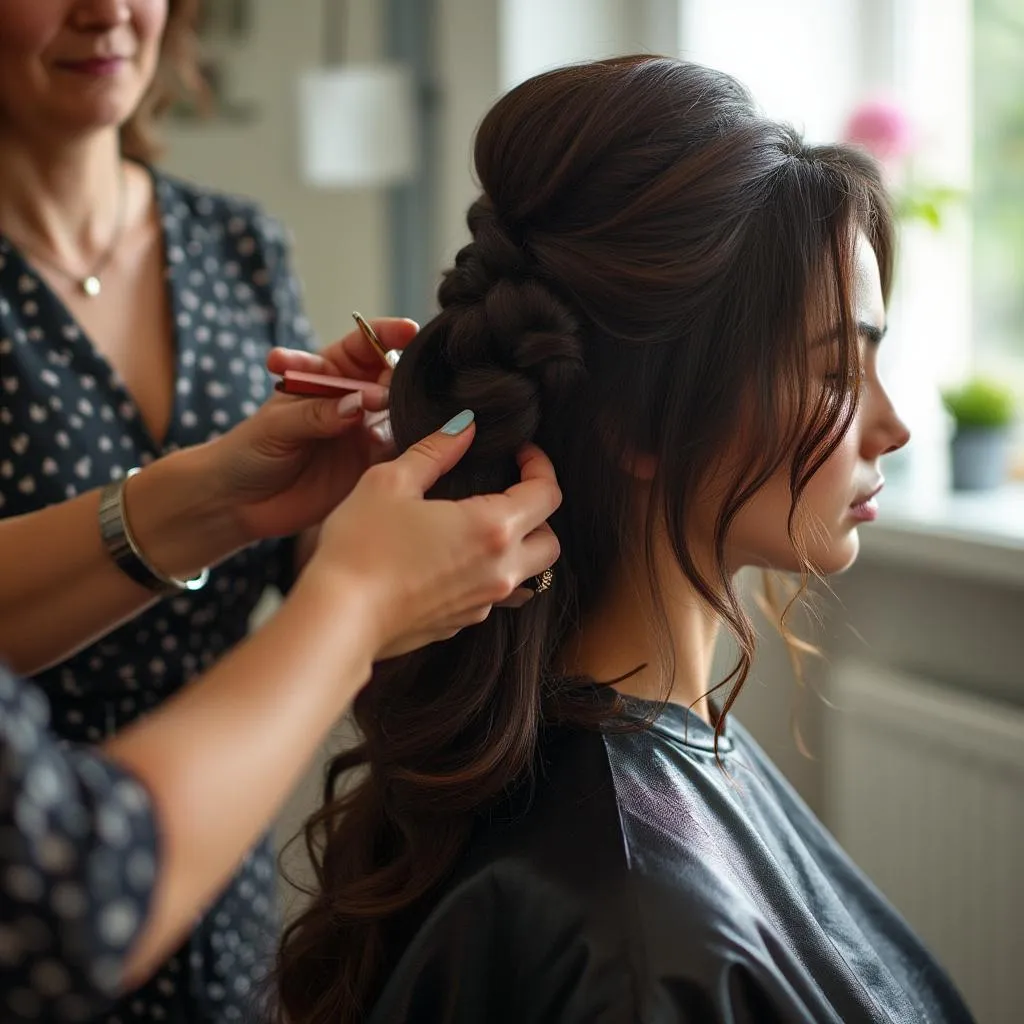 Hair stylist che crea un'acconciatura