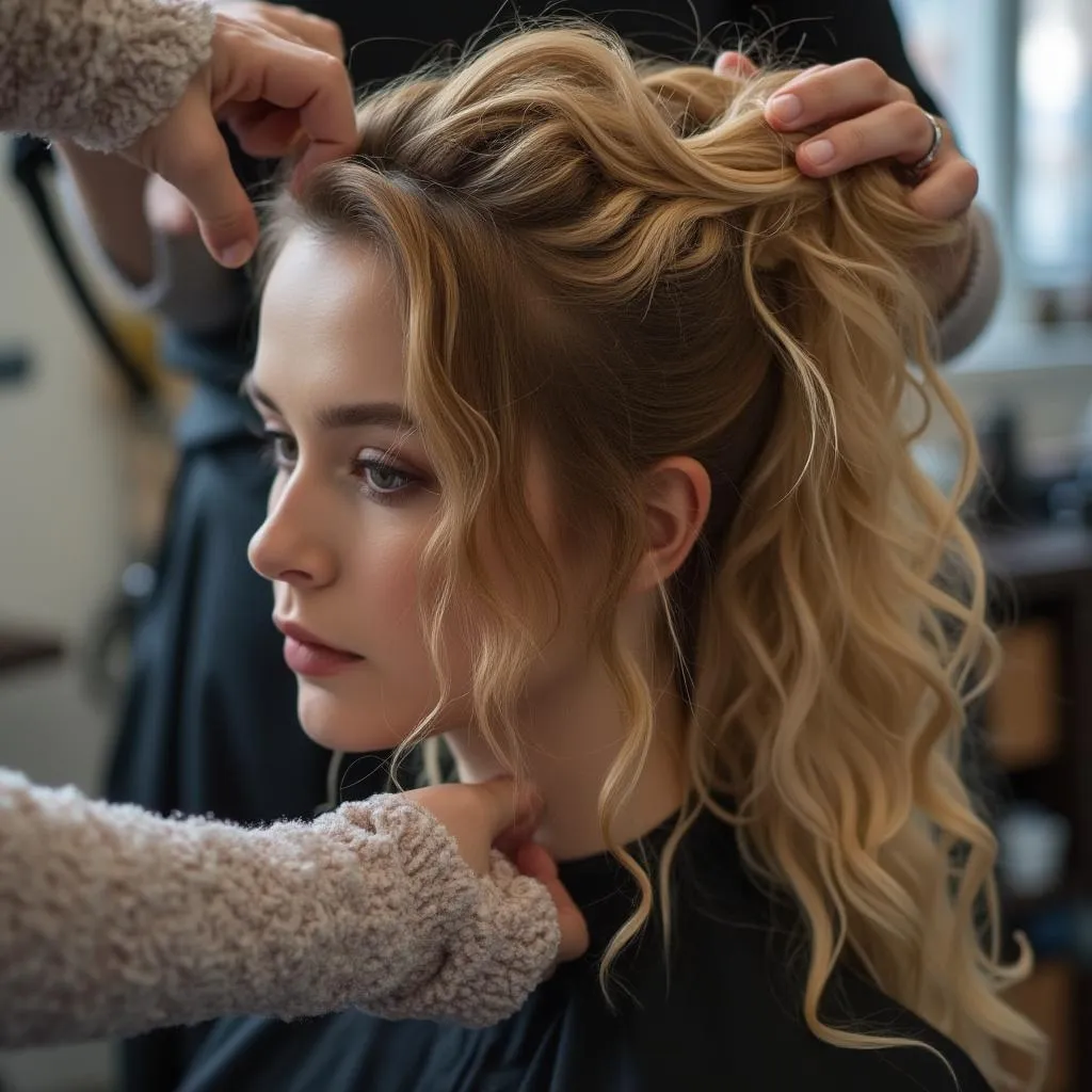 Hair stylist che crea un'acconciatura elaborata